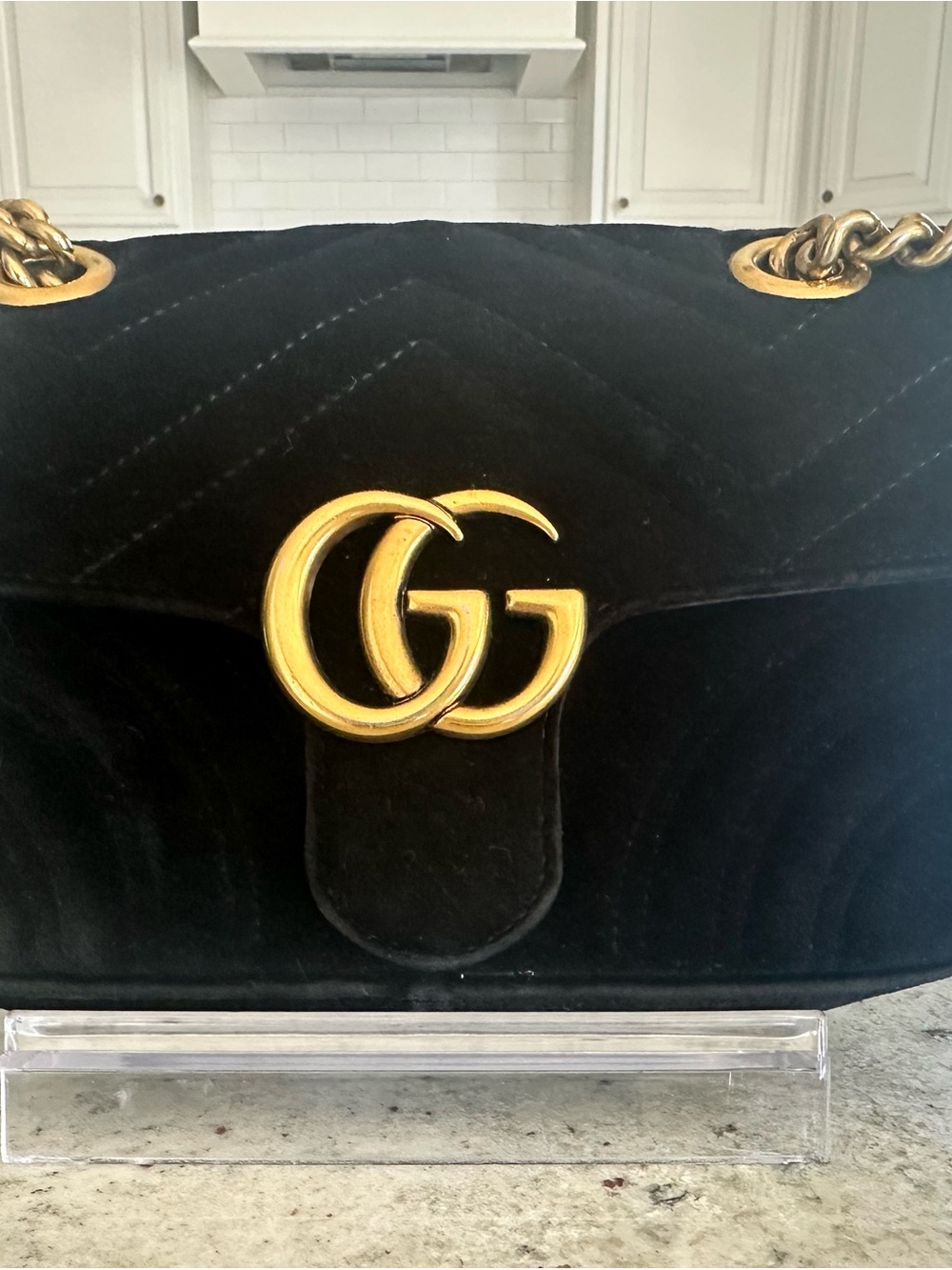 🔥🔥🔥 Auth Gucci Blue-Black Velvet GG Marmont Chain Shoulder Bag - stunning!